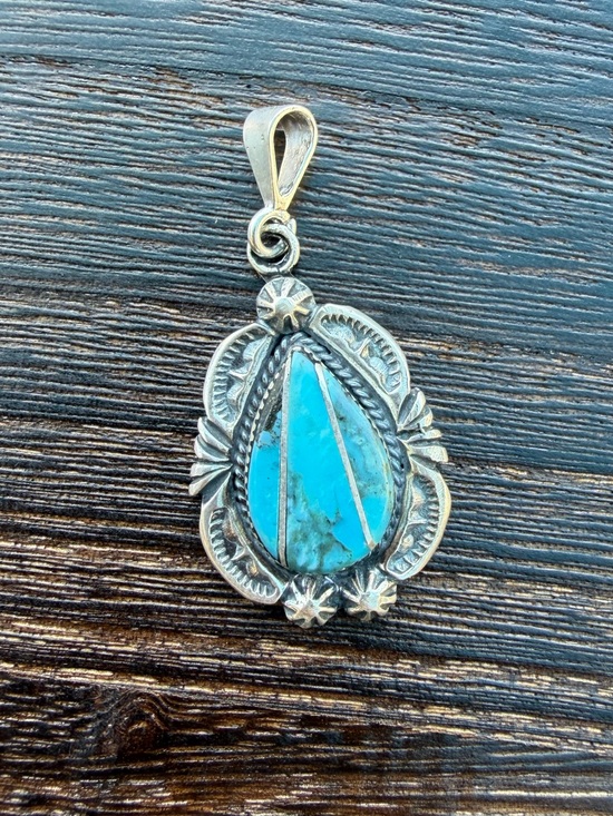 Native American Jewelry - Sterling Silver Teardrop Turquoise Inlay Pendant - signed by artist